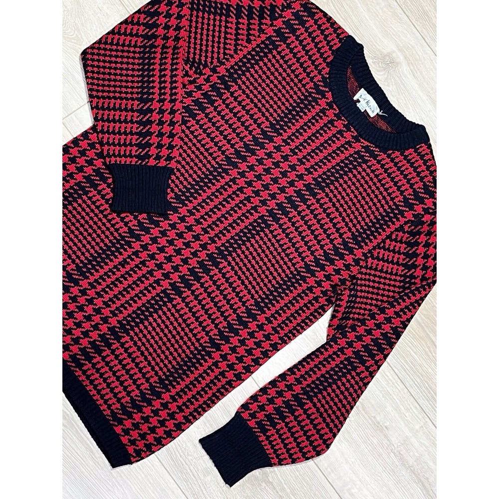 Anne Klein Women's Houndstooth Sweater Large 100% Wool Pullover Red Black